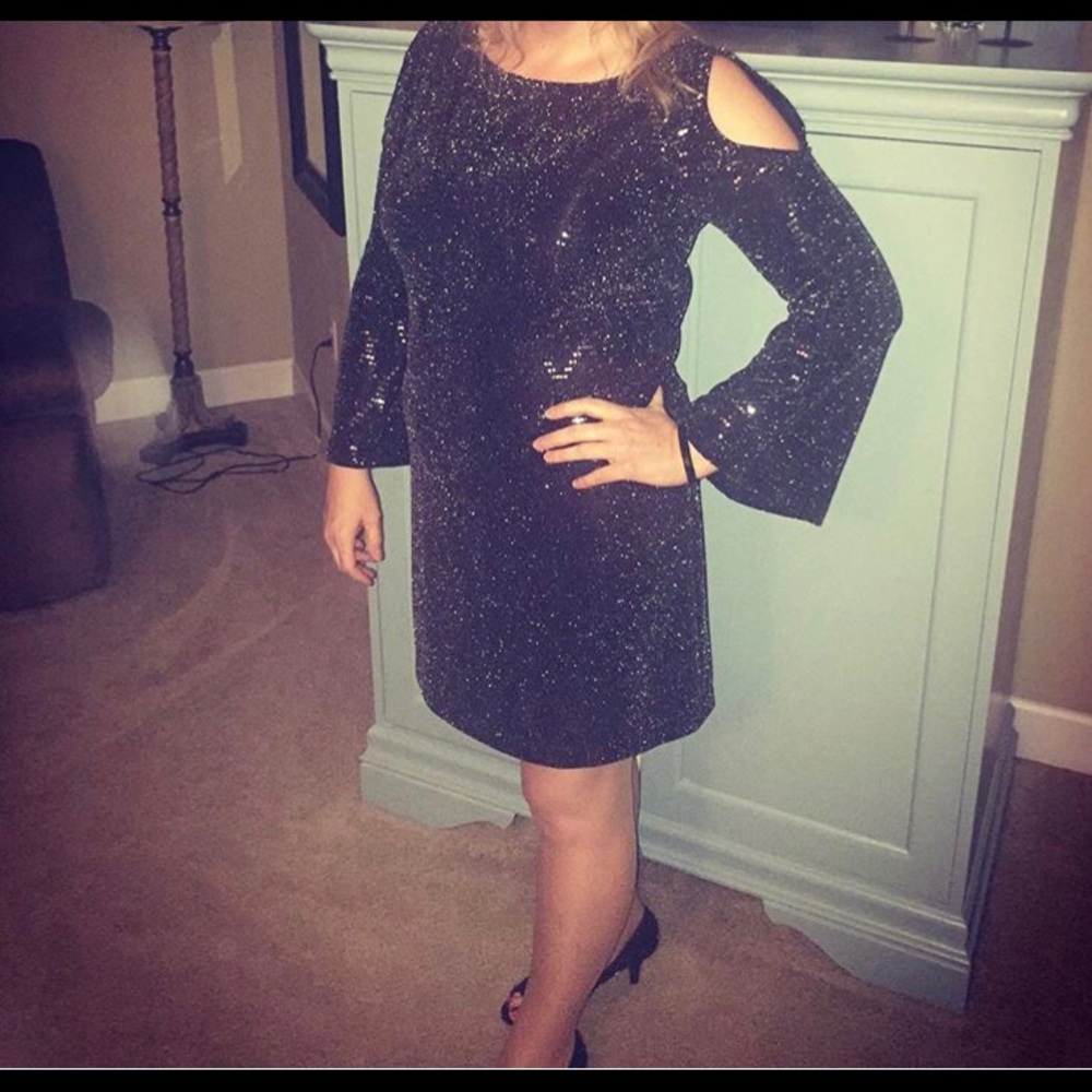 Silver sequin on black background cocktail dress